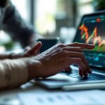 Trader focused on laptop in a modern workspace.