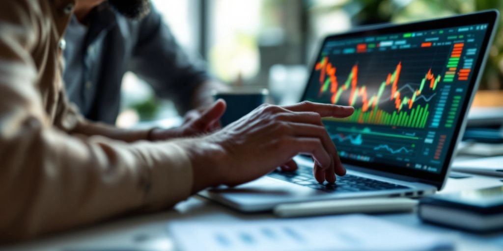 Trader focused on laptop in a modern workspace.